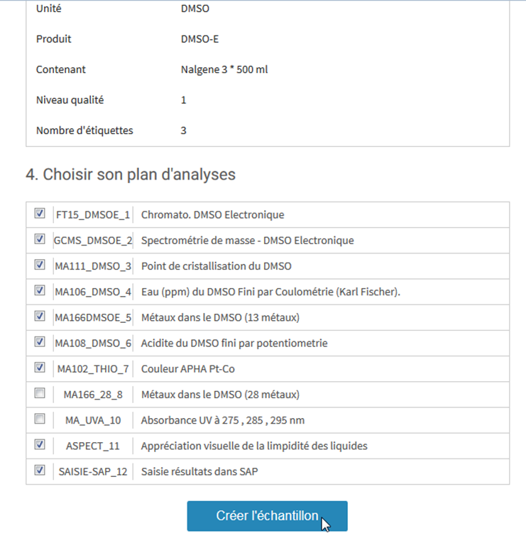Sélection des analyses a effectuer par le client