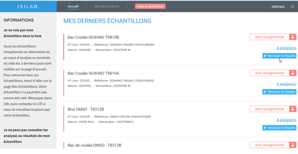 Visualisation des échantillons envoyés au laboratoire