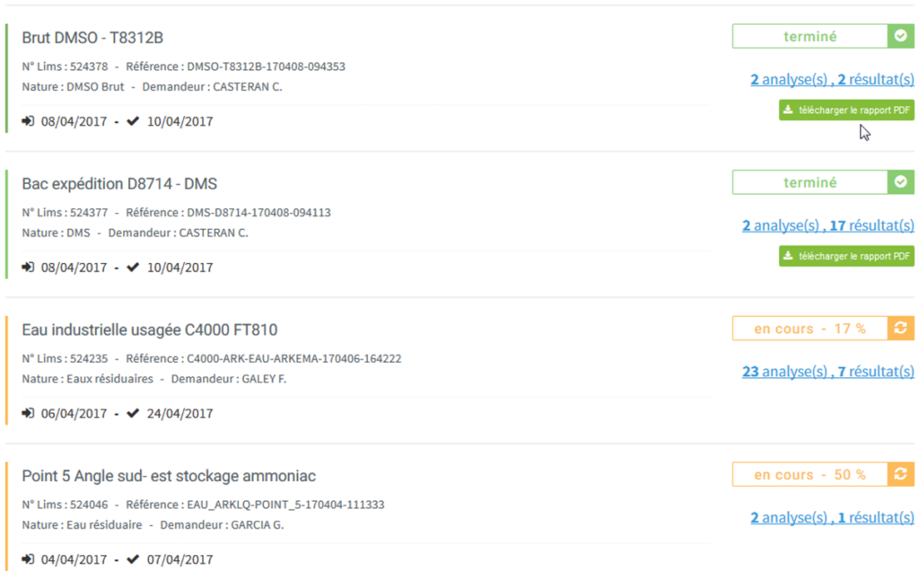 Visualisation de d'analyses terminées et en cours. Possibilité de télécharger des rapports